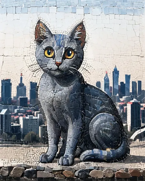 scribble art, 3D Rendering, Raw digital photo of a Russian Blue Cat, The City of El Dorado in background, Simple and clean, Romantic, Light and shadow plays, Short exposure, Nikon Z9, F/8, minimalistic, <lora:Roman_Mosaic:1>