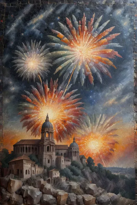 <lora:ral-ntrgmstn-sdxl:0.9>,<lora:Roman_Mosaic:0.8>,a highly detailed pastel oil painting of ral-ntrgmstn roman mosaic of fireworks in the sky,, (masterpiece, best quality, high quality, highres, ultra-detailed),