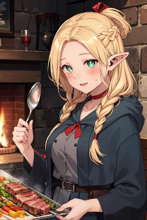 anime girl holding a tray of food with a spoon and spoon in her hand