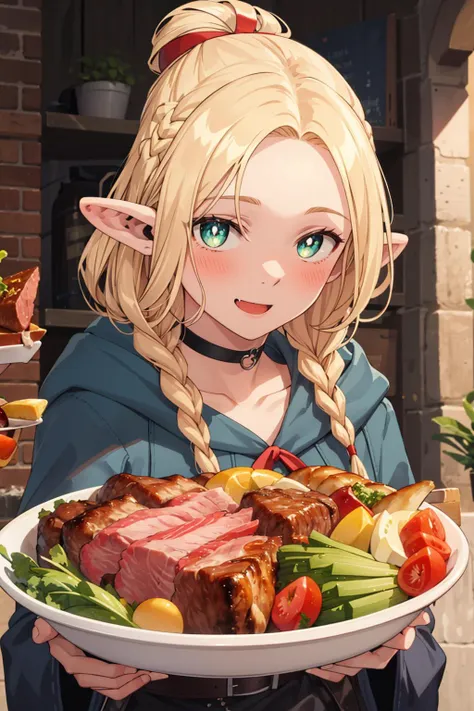 anime girl holding a plate of food with meat and vegetables