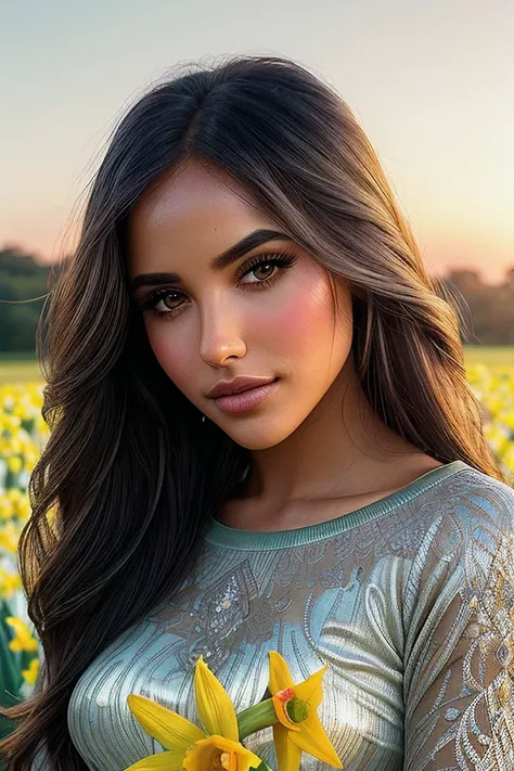 beautiful woman (Ay4S4m4h4-340:.99), beautiful hair, ((portrait)), (closeup:1.2), ((from the waist up)), (( A tranquil, moonlit field of wild daffodils :1.2)) , natural skin texture, ((long sleeve top:1.4)), 24mm, 4k textures, soft cinematic light, adobe l...