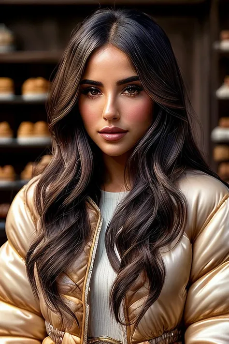 beautiful woman (Ay4S4m4h4-340:.99), beautiful hair, ((portrait)), (closeup:1.2), ((from the waist up)), (( A classic, vintage French patisserie with delectable pastries :1.2)) , natural skin texture, (( Cropped Puffer Jacket :1.2)), 24mm, 4k textures, sof...