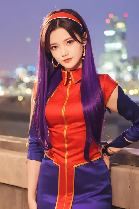 QHmagongyadianna,<lora:QHmagongyadianna:0.7>,1girl,solo,,purple hair,fingerless gloves,long hair,hairband,star hair ornament,purple eyes,earrings,dress,jewelry,chinese clothes,hair ornament,lips,looking at viewer,cityscape,night,hand on hip,cowboy shot,