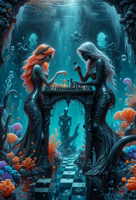 a painting of two mermaids playing chess in a underwater world