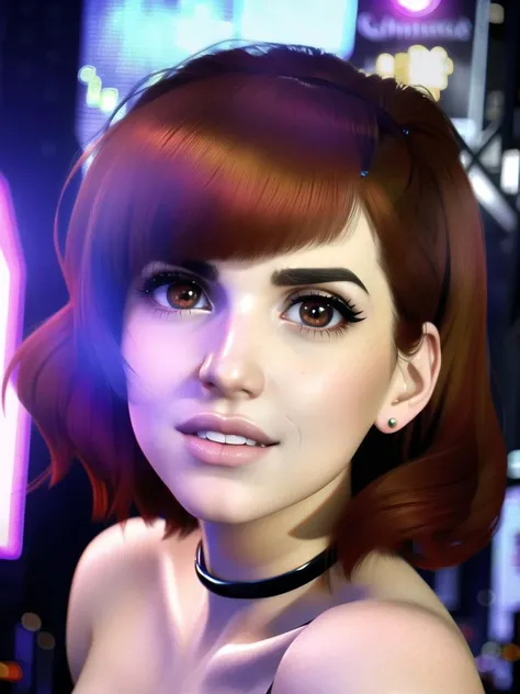 Closeup half body portrait of Hayley Williams with 1950s hair style, smooth soft skin, big dreamy eyes, beautiful intricate red hair, ((Times Square)) in the background, New York, symmetrical, anime wide eyes, soft lighting, detailed face, by makoto shinka...