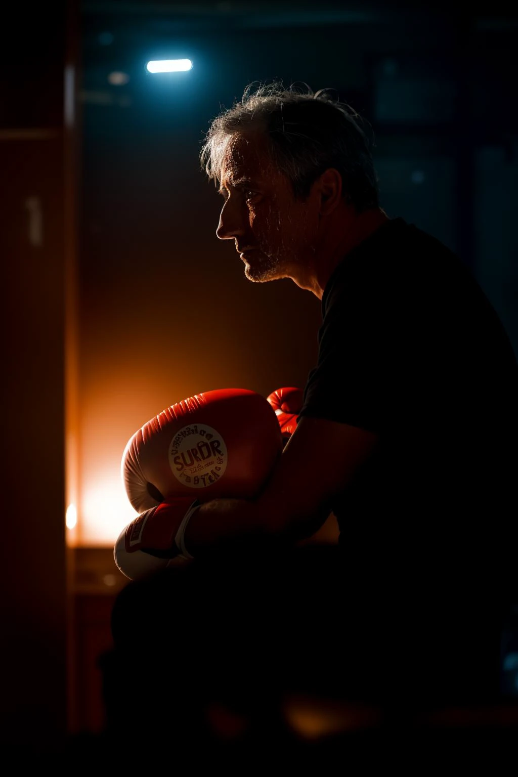 Realistic photography,male 55yo dirty gray hair, focus on eyes, 50 mm f/1.4, hdr masterpiece, boxer sitting on bench in dimly lit locker room, looking down, defeated look, (sweaty:0.5), red boxing gloves, lens flare, black eye, scratches, bruise on face, w...