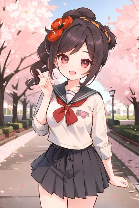 1girl, chiori (genshin impact), solo, school uniform, white shirt, sweater, pleated skirt, light smile, double v, looking at viewer, smile, open mouth, outdoors, street, cherry blossoms, petals, depth of field