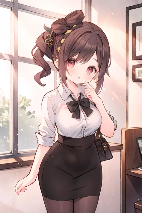 1girl, chiori (genshin impact), office lady, collared shirt, pencil skirt, pantyhose, looking at viewer, parted lips, cowboy shot, office, indoors, depth of field