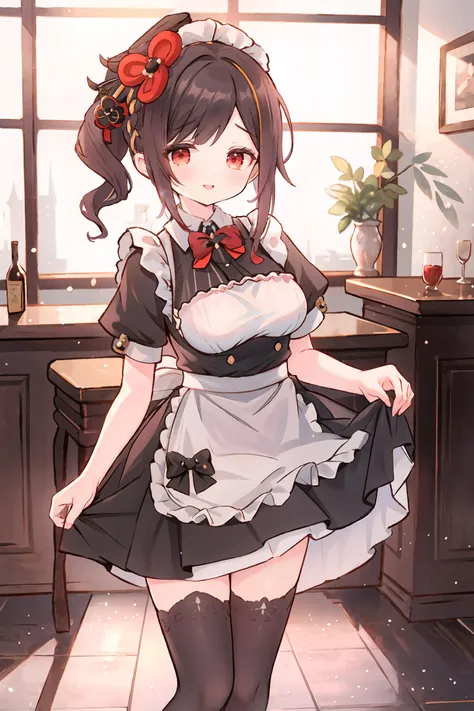 anime girl in maid outfit standing in a kitchen with a window