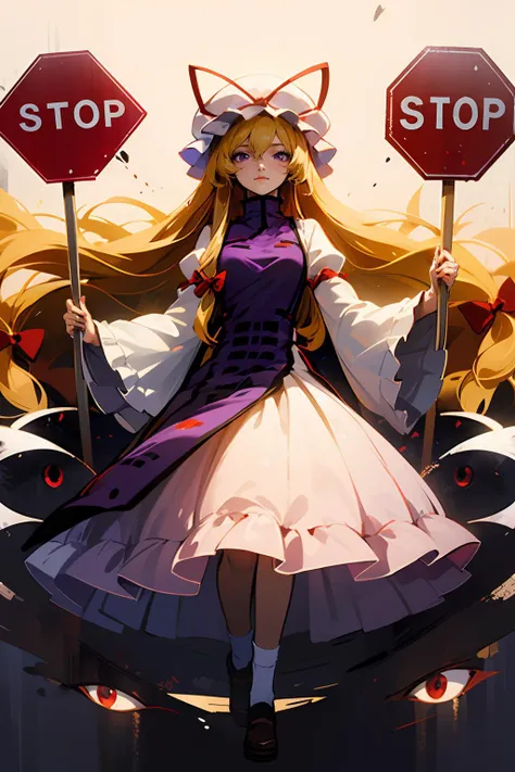 <lora:yukari:1> yakumo yukari, 1girl, solo, hat, blonde hair, long hair, dress, ribbon, hat ribbon, purple eyes, bow, mob cap, frills, long sleeves, tabard, socks, wide sleeves, hair bow, white dress, gap (touhou), <lora:yomama_holding_stop_sign_v2:0.5>  y...