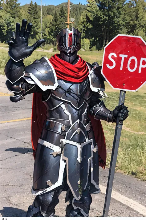 arafed knight in armor holding a stop sign on a street