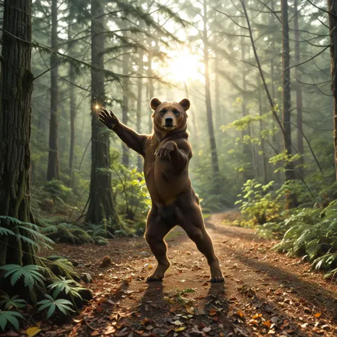 in a dense coniferous forest with thick tree trunks, we see a huge brown bear standing on its hind legs in the pose of a fashion...