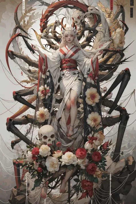 (masterpiece:1.2),best quality,realistic,ghost nocturnal,
1girl,silk,spider web,long hair,arthropod girl,japanese clothes,kimono,hair ornament,white hair,solo,bug,very long hair,skull,obi,sash,spider girl,flower,looking at viewer,hair flower,arthropod limb...