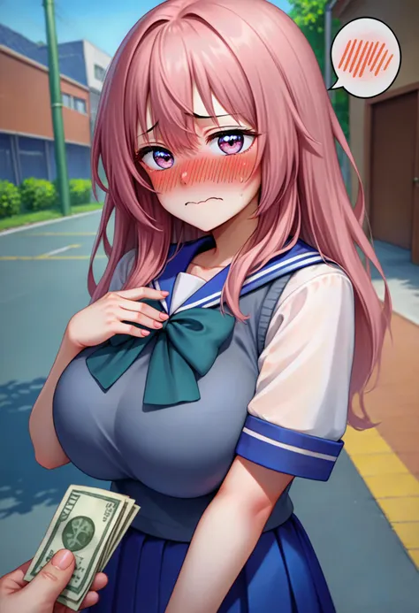 anime girl with pink hair and blue dress holding money