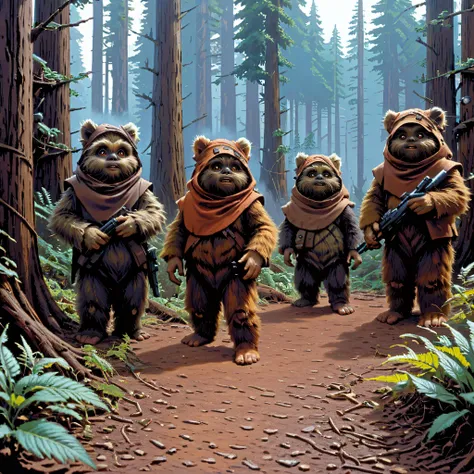 there are four bears walking down a path in the woods