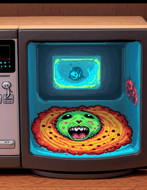 there is a microwave with a painting of a monster inside of it