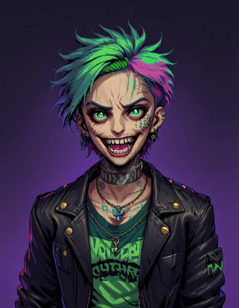 reshadexl, green theme, 1boy, male focus, male_focus, solo, heterochromia, gradient_hair, multicolored_hair, dirty_face, scars, short_hair, fluffy_hair, jewelry, open_clothes, jacket, necklace, open_jacket, jacket, shirt, crop_top, tattoo, pendant, leather...