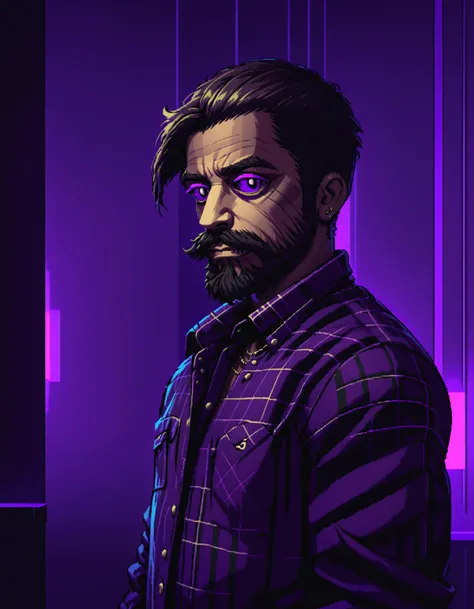 a man with a beard and a purple shirt standing in front of a purple wall