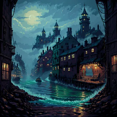 a painting of a city at night with a boat in the water