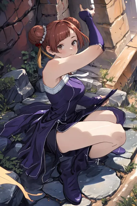 masterpiece, laufen,short hair,double bun, blunt bangs, hair ornament,brown eyes, ribbon, elbow gloves, purple gloves, fingerless gloves, boots, knee boots,
naked dress, kneeling on floor,  looking at viewer,,stone floor, stone walls, dungeon, upper body,
...