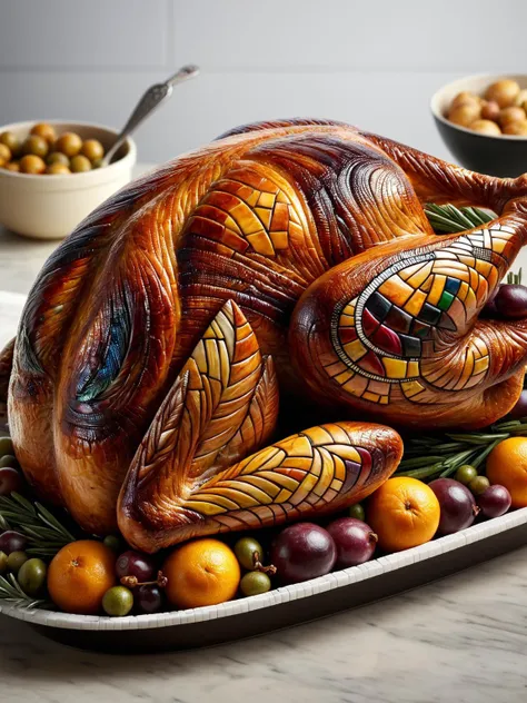 a close up of a turkey on a platter with fruit