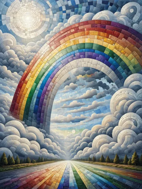 a painting of a rainbow in the sky with clouds and sun