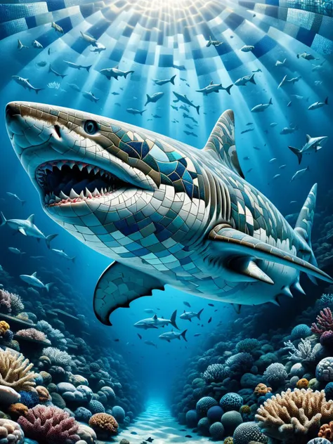 a painting of a shark with a large open mouth swimming in the ocean