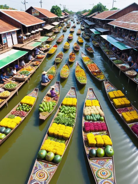 boats filled with fruit and vegetables are lined up along a river