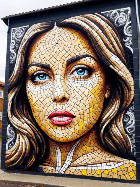 a large mosaic painting of a woman's face on a building