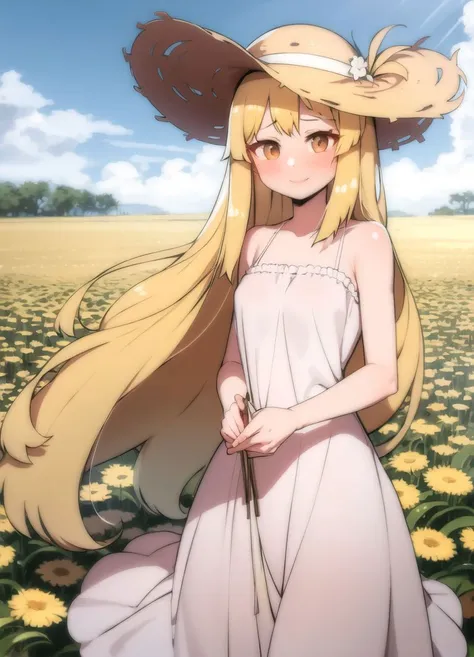 a woman in a white dress and a straw hat standing in a field of flowers