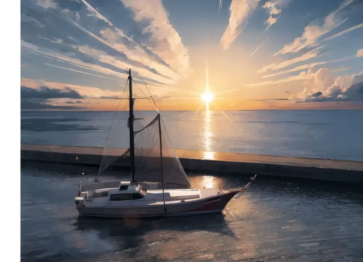 painting of a sailboat in the water at sunset with a pier