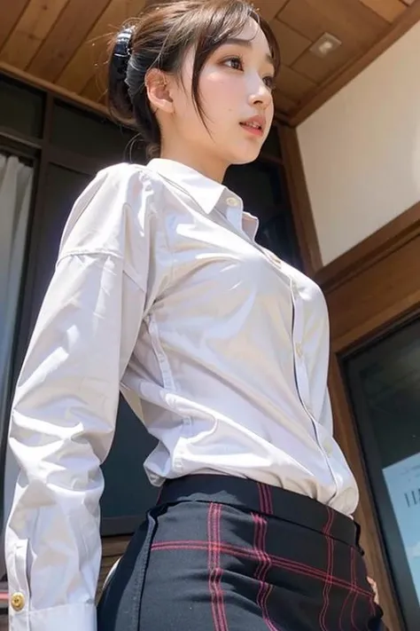 RAW photo, best quality, masterpiece, depth of field,(realistic),photo of <lora:KuHasumi_lora-10:0.9>,1girl,solo,ponytail,wearing button down white collared shirt,plaid skirt,pantyhose,(from below),outdoors