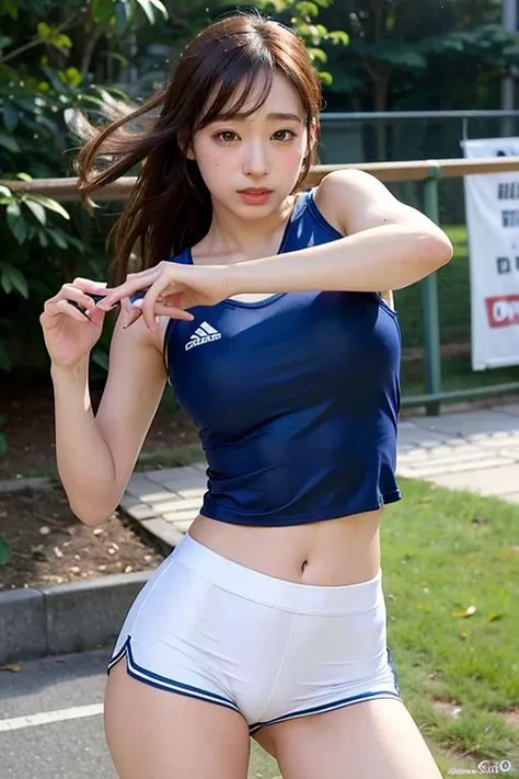 RAW photo, best quality, masterpiece, depth of field,(realistic),photo of <lora:KuHasumi_lora-10:0.9>,1girl,solo,wearing athletic uniform,athletic shorts