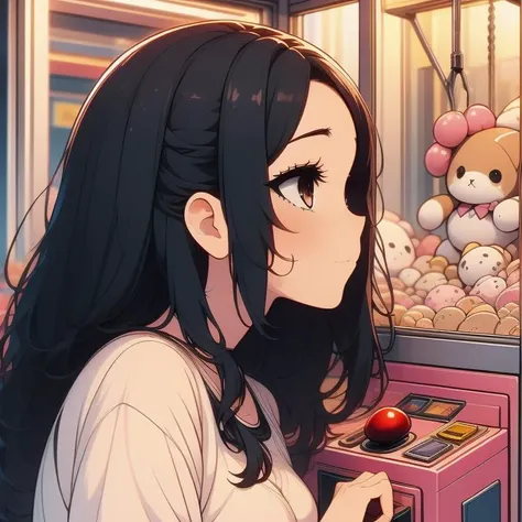 anime girl looking at a gummy machine with a red apple