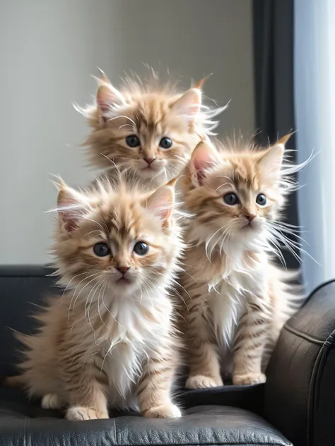 there are two kittens sitting on a couch looking at the camera