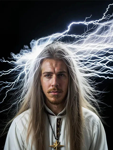 arafed man with long hair and a cross in front of a black background