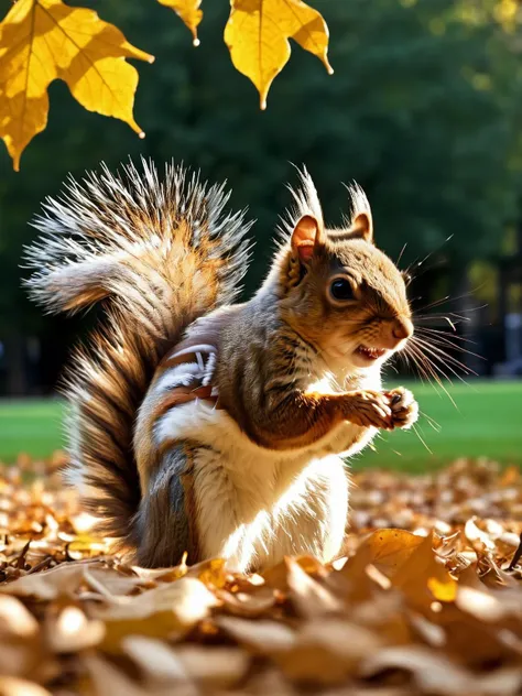 Floofy, a whimsical squirrel whose static electricity fur makes its tail puff up twice its size, foraging in a park with leaves sticking to it.<lora:Floofy_Static_Electricity:1>, <lora:EnvyBetterHiresFixXL01:0:hr=1>