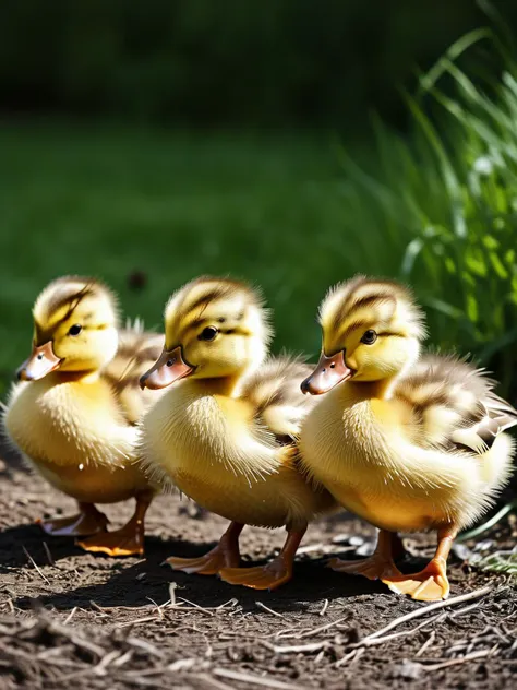 three little ducks are walking in a row on the ground