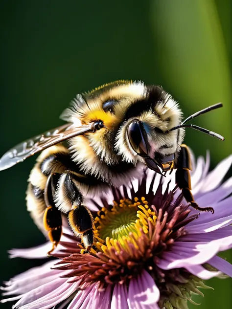 a close up of a bee on a flower with a green background