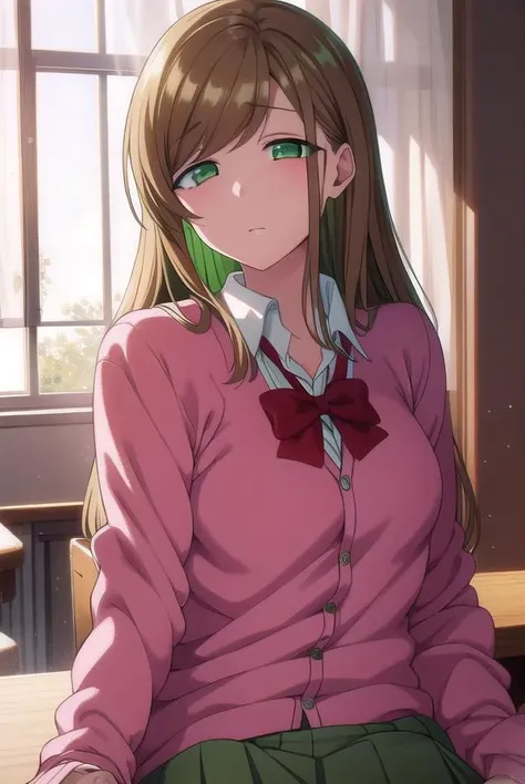 minakosanada, <lora:minakosanada-lora-nochekaiser:1>, 
minako sanada, long hair, brown hair, (green eyes:1.5),
BREAK long sleeves, bow, school uniform, bowtie, red bow, cardigan, pink cardigan,
BREAK looking at viewer,
BREAK indoors, classroom,
BREAK <lora...