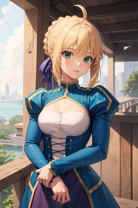 masterpiece, best quality, highres, solo, 1girl, <lora:artoria_pendragon_v2:0.9>, bbsaber, green eyes, ahoge,