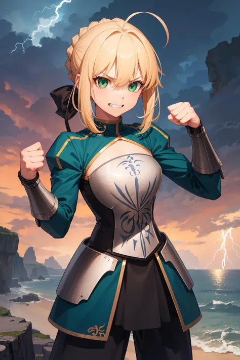 masterpiece, best quality, highres, ccsaber, green eyes, ahoge, <lora:artoria_pendragon_v2:0.8>, viking style, in viking armor, standing on the edge of a cliff, grin, the right hand is clenched into a fist and pointed upwards, angry face, thunderstorm