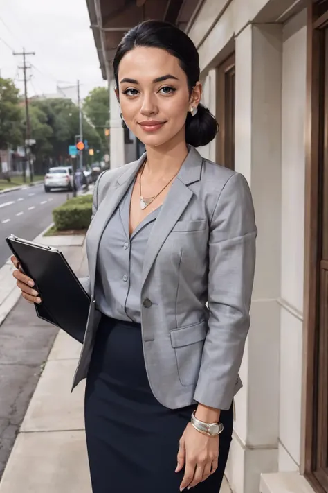 Debbie, brown eyes, hair bun,white small earrings, necklace, bracelet,grey suit jacket, grey pencil skirt, white collared shirt,  looking at viewer, smiling, medium shot,  standing, outside, house, neighborhood, holding a clipboard,  high quality, masterpi...