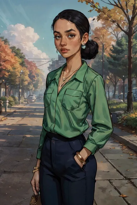 Debbie, brown eyes, hair bun,white small earrings, necklace, bracelet,green shirt, pants, looking at viewer, serious, standing, outside, neighborhood, autumn, blue sky, high quality, masterpiece, <lora:Debbie:.7>