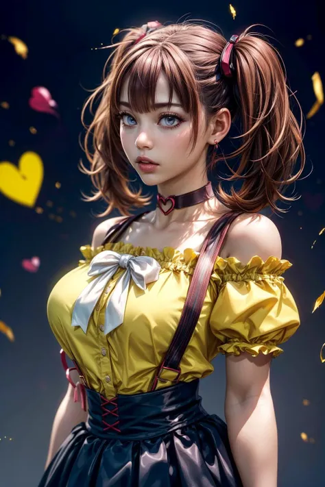 (ultra realistic,32k, masterpiece:1.2),(high detailed skin:1.1),( high quality:1.1),
<lora:LeeRoha:0.8>leeroha,twintails,yellow shirt,frilled shirt,off-shoulder shirt,puffy short sleeves,heart choker,suspenders,bow,black skirt,high-waist skirt,thighhighs,(...