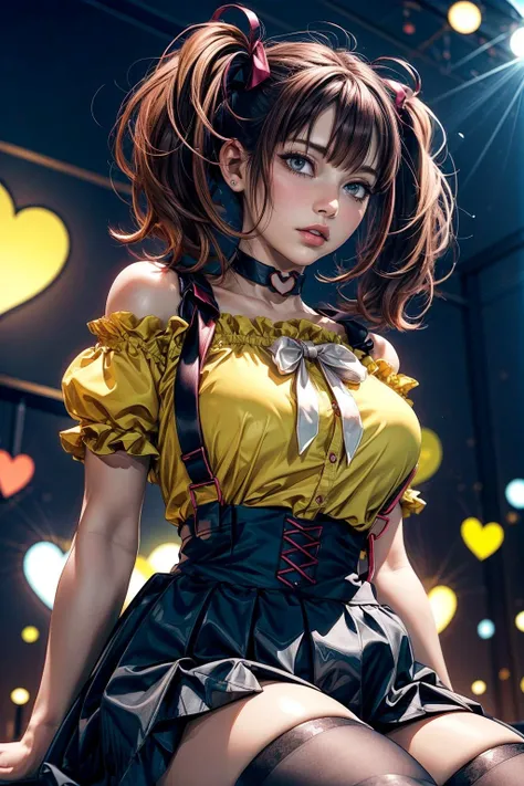 (ultra realistic,32k, masterpiece:1.2),(high detailed skin:1.1),( high quality:1.1),
<lora:LeeRoha:0.8>leeroha,twintails,yellow shirt,frilled shirt,off-shoulder shirt,puffy short sleeves,heart choker,suspenders,bow,black skirt,high-waist skirt,thighhighs,(...