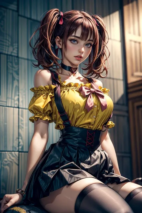 (ultra realistic,32k, masterpiece:1.2),(high detailed skin:1.1),( high quality:1.1),
<lora:LeeRoha:0.8>leeroha,twintails,yellow shirt,frilled shirt,off-shoulder shirt,puffy short sleeves,heart choker,suspenders,bow,black skirt,high-waist skirt,thighhighs,(...