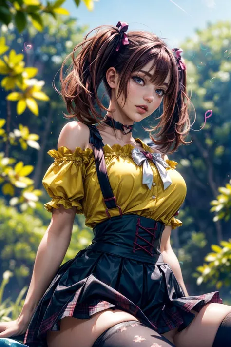 (ultra realistic,32k, masterpiece:1.2),(high detailed skin:1.1),( high quality:1.1),
<lora:LeeRoha:0.8>leeroha,twintails,yellow shirt,frilled shirt,off-shoulder shirt,puffy short sleeves,heart choker,suspenders,bow,black skirt,high-waist skirt,thighhighs,(...