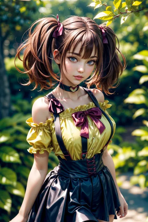 (ultra realistic,32k, masterpiece:1.2),(high detailed skin:1.1),( high quality:1.1),
<lora:LeeRoha:0.8>leeroha,twintails,yellow shirt,frilled shirt,off-shoulder shirt,puffy short sleeves,heart choker,suspenders,bow,black skirt,high-waist skirt,thighhighs,(...