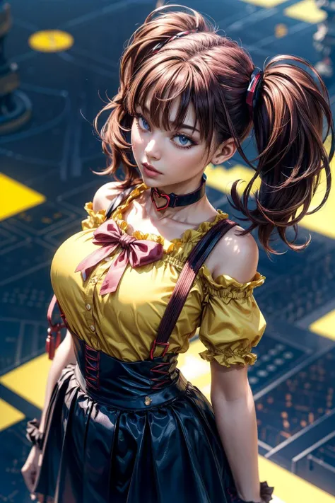 (ultra realistic,32k, masterpiece:1.2),(high detailed skin:1.1),( high quality:1.1),
<lora:LeeRoha:0.8>leeroha,twintails,yellow shirt,frilled shirt,off-shoulder shirt,puffy short sleeves,heart choker,suspenders,bow,black skirt,high-waist skirt,thighhighs,(...